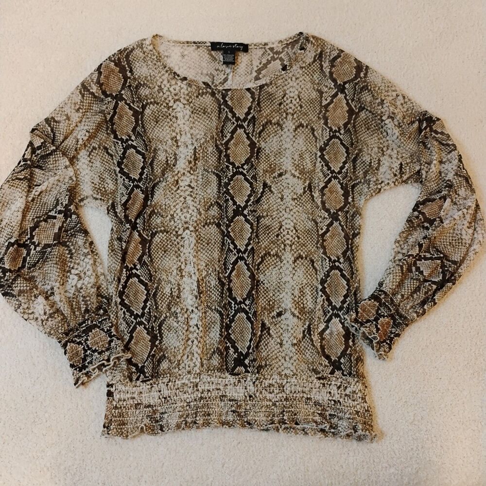 Sheer Long Sleeve Smocked Snakeskin Print Blouse Animal Print Sleek Feminine S